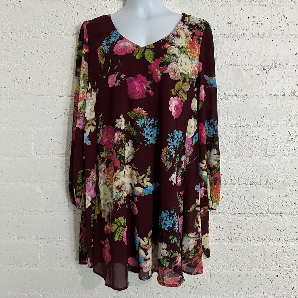 Entro Womens Dress L Maroon Floral Long Sleeve Lined V Neck Short BB13